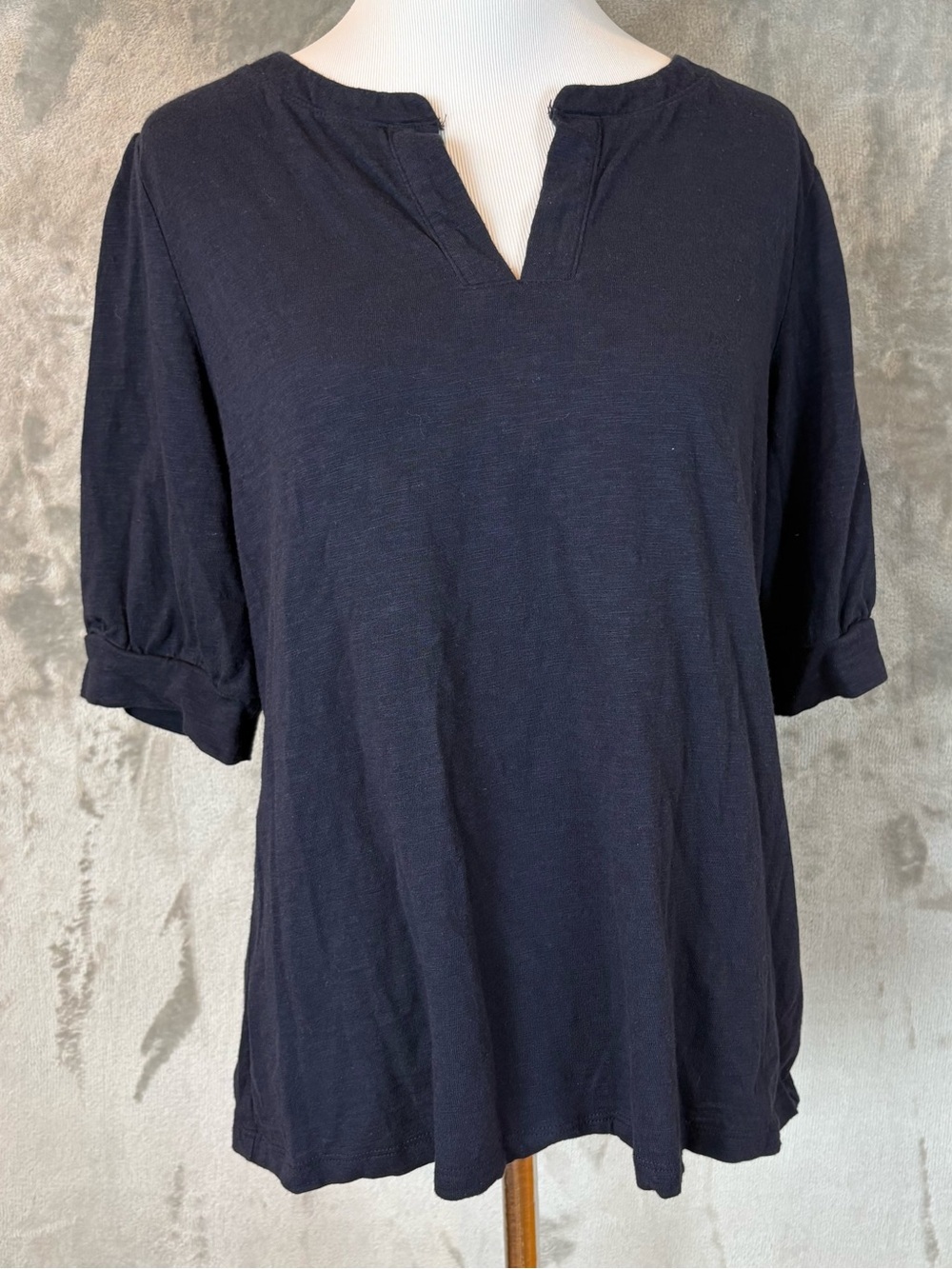 Talbots Relaxed V-Notch Peasant Sleeve Top Blouse Navy Wmn’s M